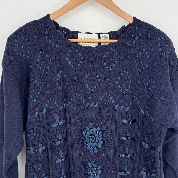 Carolina Colours Navy Blue Pearl Ribbon Detail Pullover Sweater Size L - Picture 4 of 7